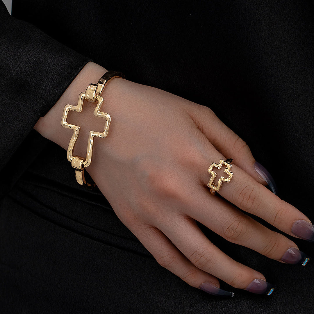 FREE Today: Hammered Cross Bangle & Ring Set: A Symbol of Faith and Refined Simplicity - Golden Set - image 0