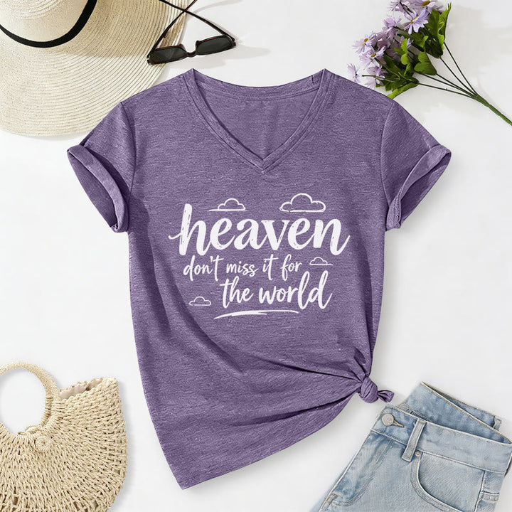 Christianartworkshop Heaven Don't Miss It For The World Inspirational Cloud Print Casual V-neck T-shirt - Purple - 2XL - image 16
