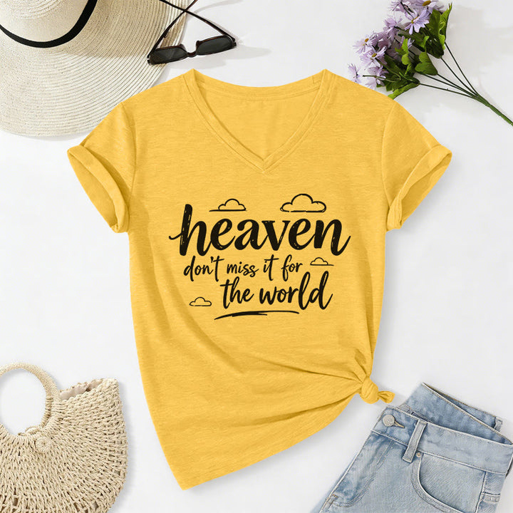 Christianartworkshop Heaven Don't Miss It For The World Inspirational Cloud Print Casual V-neck T-shirt - Yellow - 2XL - image 2