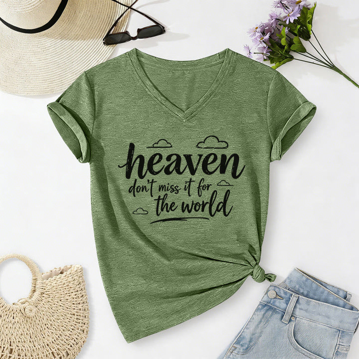 Christianartworkshop Heaven Don't Miss It For The World Inspirational Cloud Print Casual V-neck T-shirt - Olive Green - 2XL - image 4