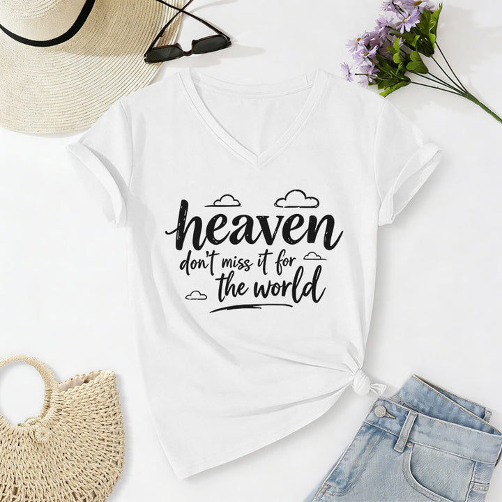 Christianartworkshop Heaven Don't Miss It For The World Inspirational Cloud Print Casual V-neck T-shirt - White - 2XL - image 6