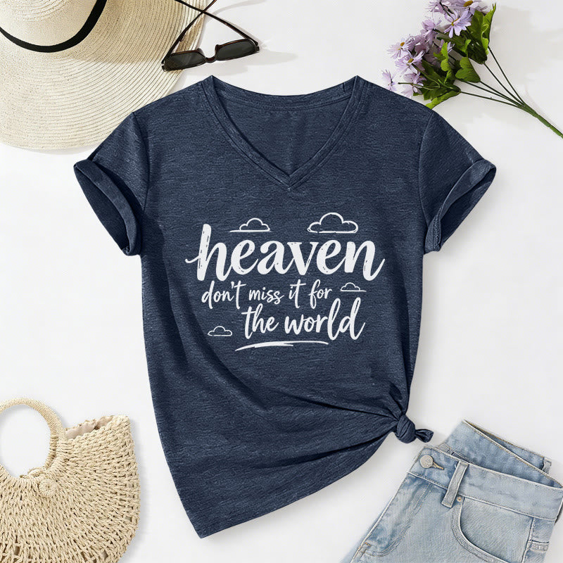 Christianartworkshop Heaven Don't Miss It For The World Inspirational Cloud Print Casual V-neck T-shirt - Navy Blue - 2XL - image 18