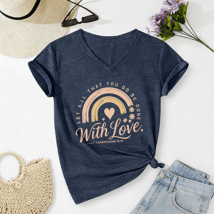Christianartworkshop Bible Verse With Love Rainbow Floral Casual V-neck T-shirt - Navy Blue - 2XL - image 18
