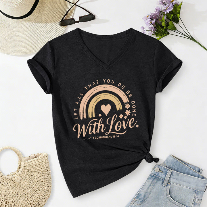 Christianartworkshop Bible Verse With Love Rainbow Floral Casual V-neck T-shirt - Black - 2XL - image 14