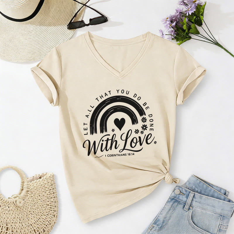 Christianartworkshop Bible Verse With Love Rainbow Floral Casual V-neck T-shirt - Beige - 2XL - image 6