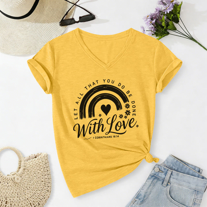 Christianartworkshop Bible Verse With Love Rainbow Floral Casual V-neck T-shirt - Yellow - 2XL - image 4