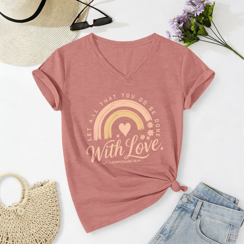 Christianartworkshop Bible Verse With Love Rainbow Floral Casual V-neck T-shirt - Light Pink - 2XL - image 0