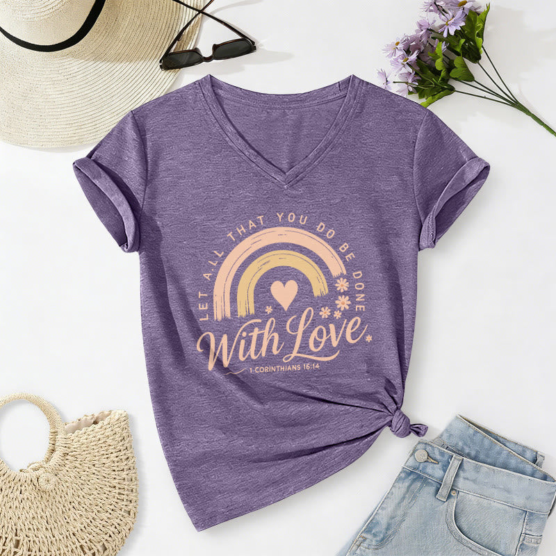 Christianartworkshop Bible Verse With Love Rainbow Floral Casual V-neck T-shirt - Purple - 2XL - image 2