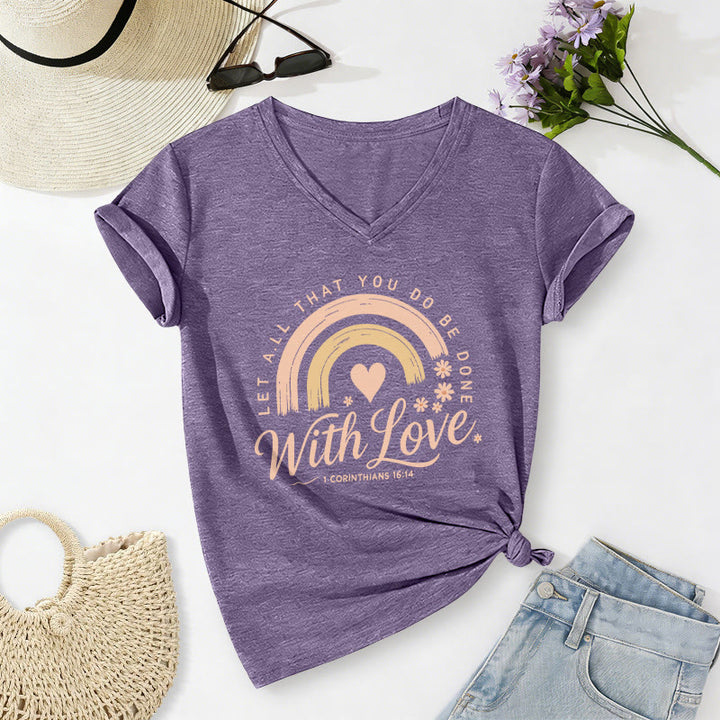 Christianartworkshop Bible Verse With Love Rainbow Floral Casual V-neck T-shirt - Purple - 2XL - image 2