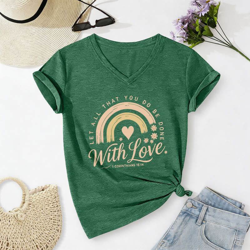 Christianartworkshop Bible Verse With Love Rainbow Floral Casual V-neck T-shirt - Dark Green - 2XL - image 16