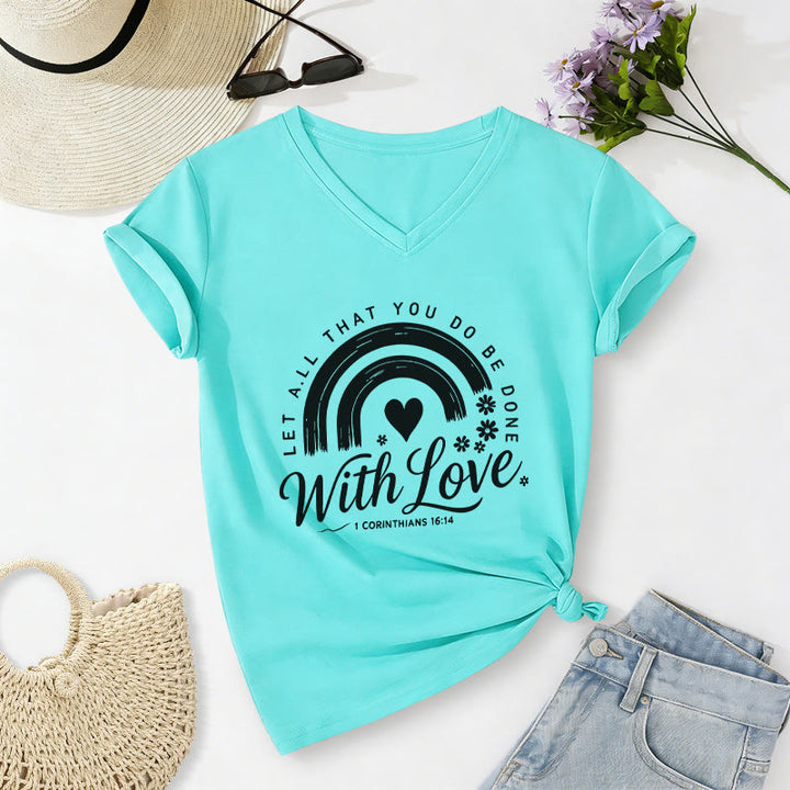 Christianartworkshop Bible Verse With Love Rainbow Floral Casual V-neck T-shirt - Sky Blue - 2XL - image 12