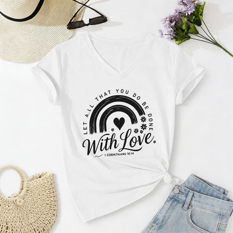 Christianartworkshop Bible Verse With Love Rainbow Floral Casual V-neck T-shirt - White - 2XL - image 10