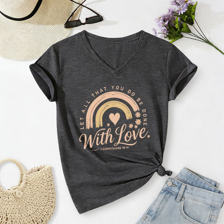 Christianartworkshop Bible Verse With Love Rainbow Floral Casual V-neck T-shirt - Dark Grey - 2XL - image 20