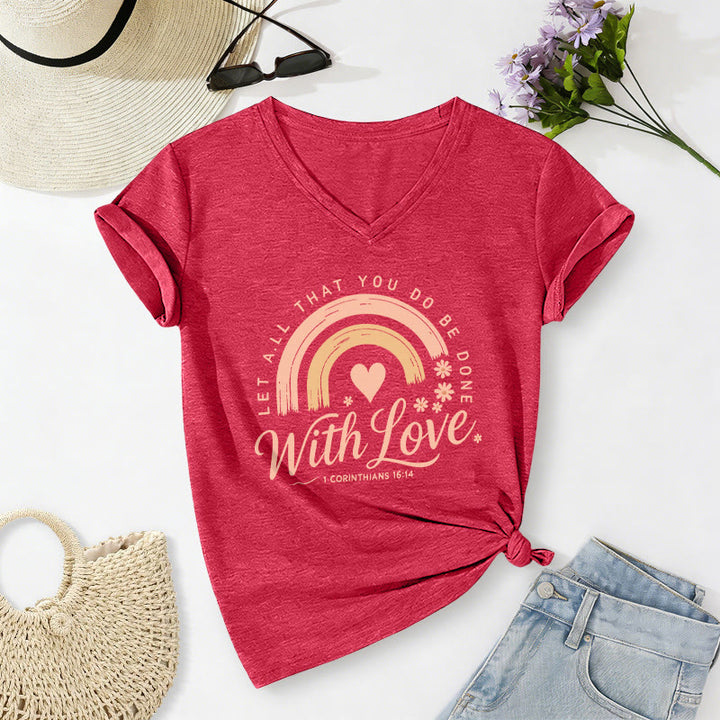 Christianartworkshop Bible Verse With Love Rainbow Floral Casual V-neck T-shirt - Red - 2XL - image 22