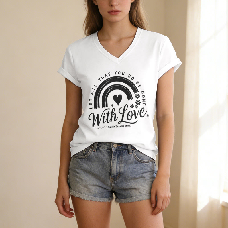 Christianartworkshop Bible Verse With Love Rainbow Floral Casual V-neck T-shirt - image 11