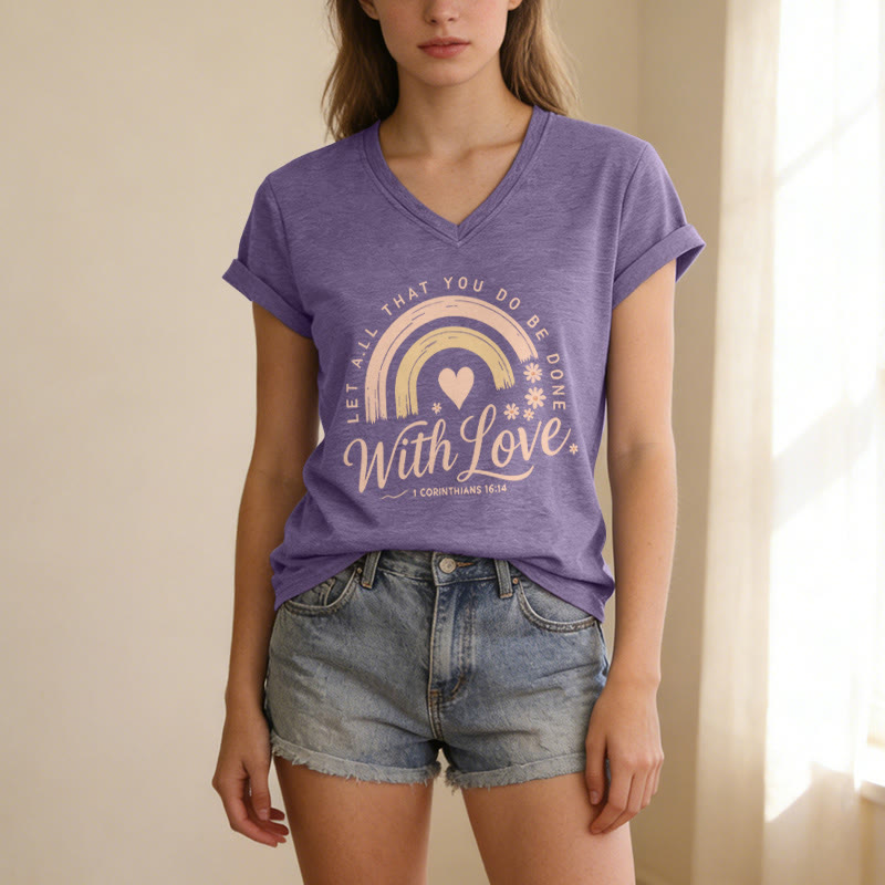 Christianartworkshop Bible Verse With Love Rainbow Floral Casual V-neck T-shirt - image 3