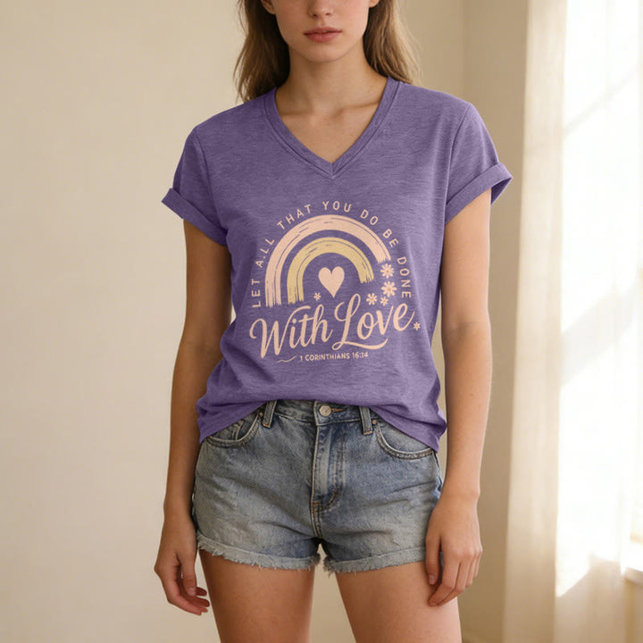 Christianartworkshop Bible Verse With Love Rainbow Floral Casual V-neck T-shirt - image 3