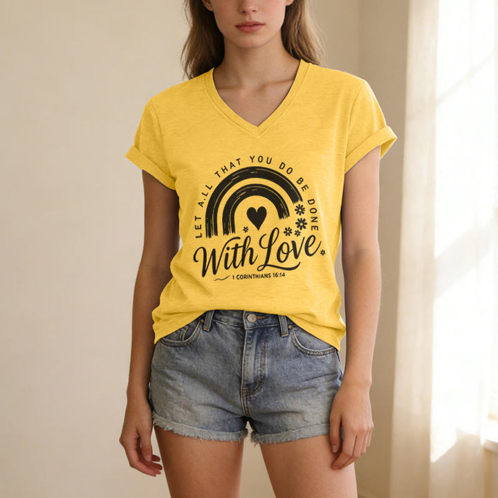 Christianartworkshop Bible Verse With Love Rainbow Floral Casual V-neck T-shirt - image 5