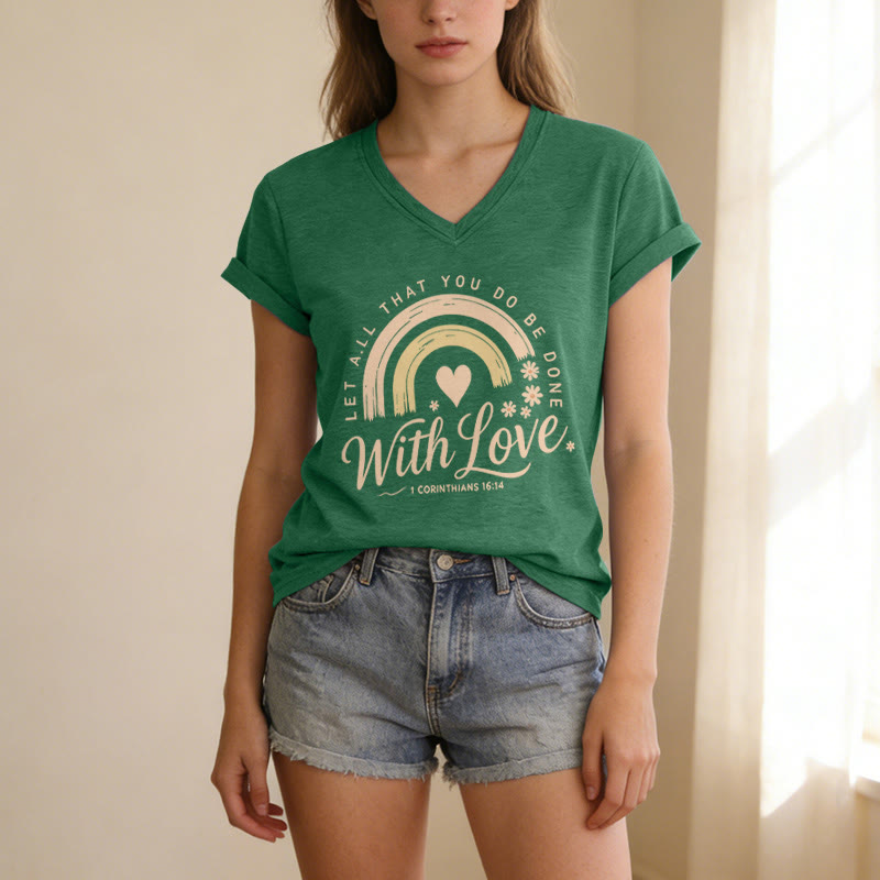 Christianartworkshop Bible Verse With Love Rainbow Floral Casual V-neck T-shirt - image 17