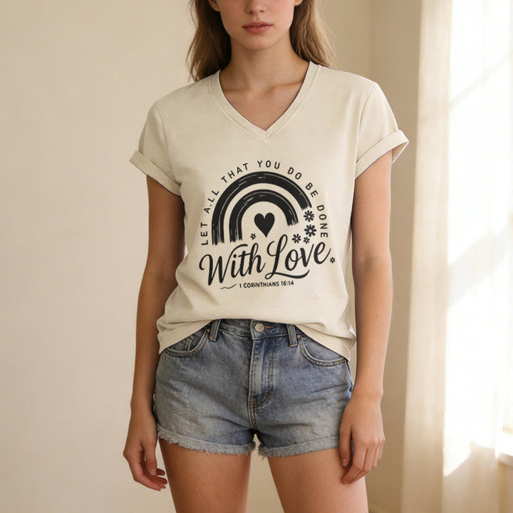 Christianartworkshop Bible Verse With Love Rainbow Floral Casual V-neck T-shirt - image 7