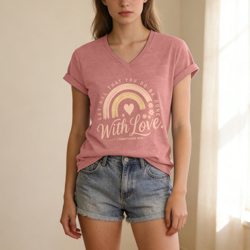 Christianartworkshop Bible Verse With Love Rainbow Floral Casual V-neck T-shirt - image 1