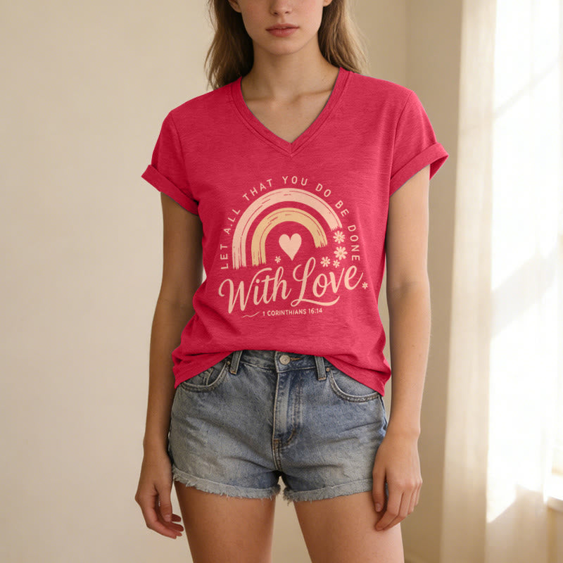 Christianartworkshop Bible Verse With Love Rainbow Floral Casual V-neck T-shirt - image 23