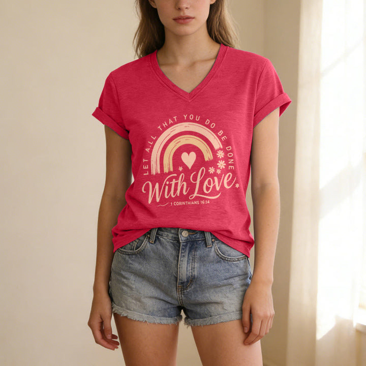 Christianartworkshop Bible Verse With Love Rainbow Floral Casual V-neck T-shirt - image 23