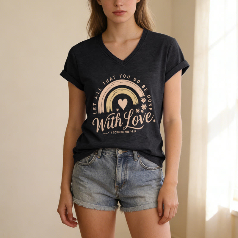 Christianartworkshop Bible Verse With Love Rainbow Floral Casual V-neck T-shirt - image 15