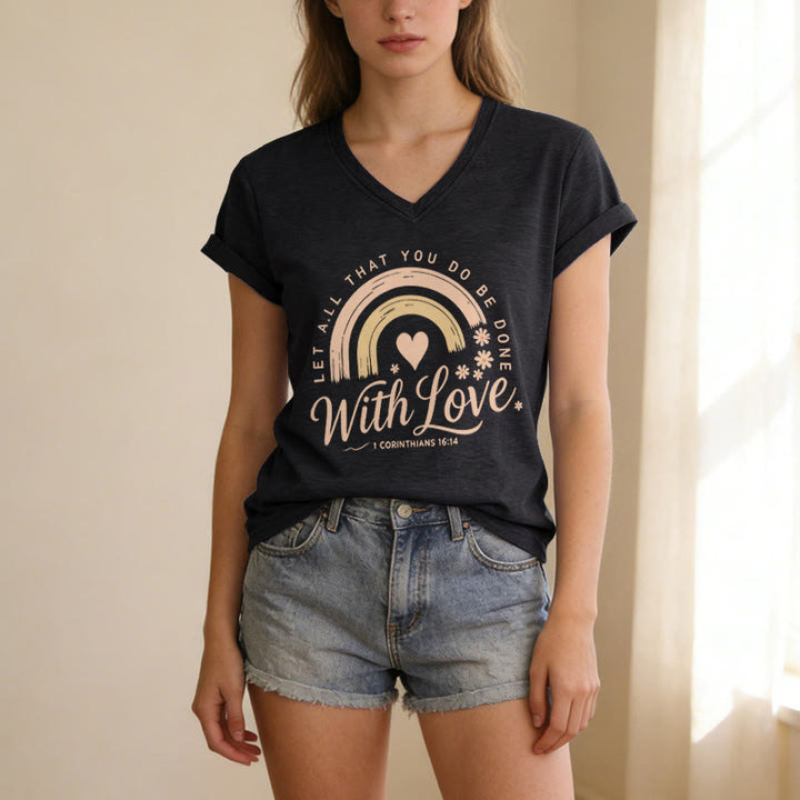 Christianartworkshop Bible Verse With Love Rainbow Floral Casual V-neck T-shirt - image 15