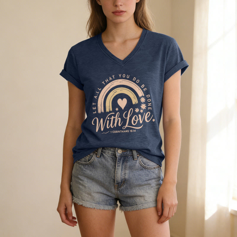 Christianartworkshop Bible Verse With Love Rainbow Floral Casual V-neck T-shirt - image 19