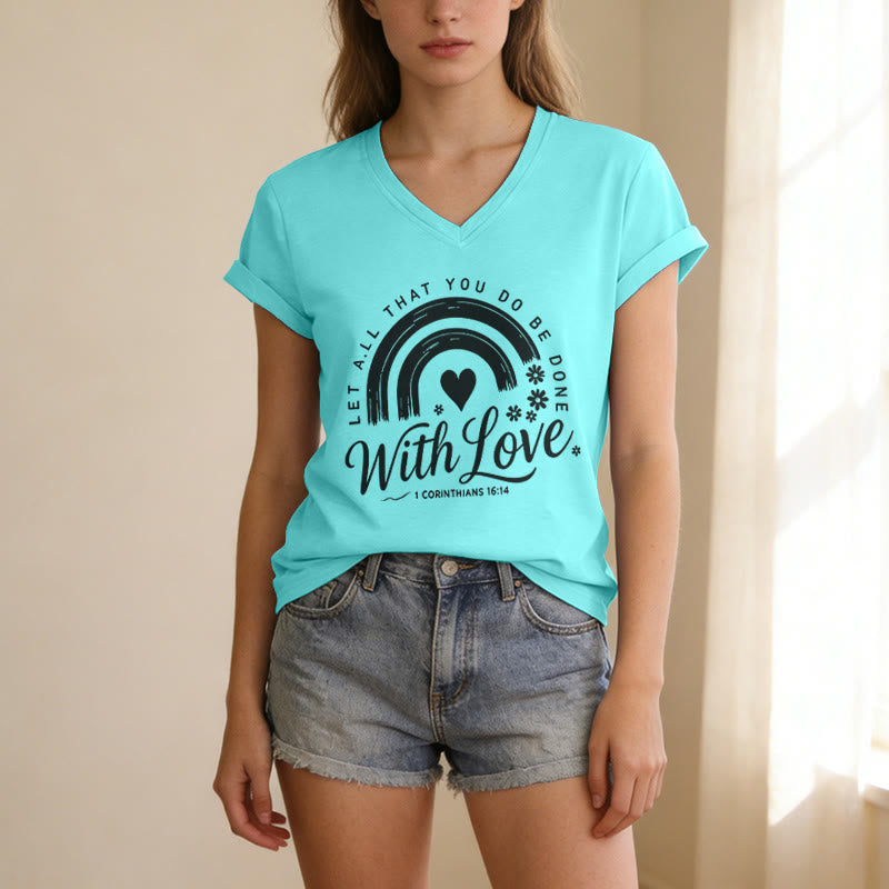 Christianartworkshop Bible Verse With Love Rainbow Floral Casual V-neck T-shirt - image 13