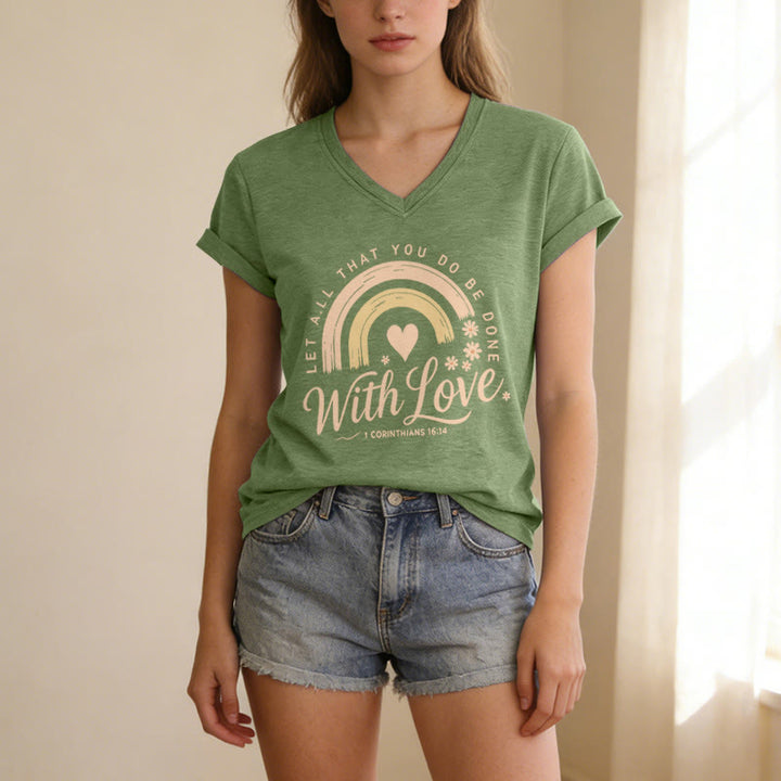 Christianartworkshop Bible Verse With Love Rainbow Floral Casual V-neck T-shirt - image 9