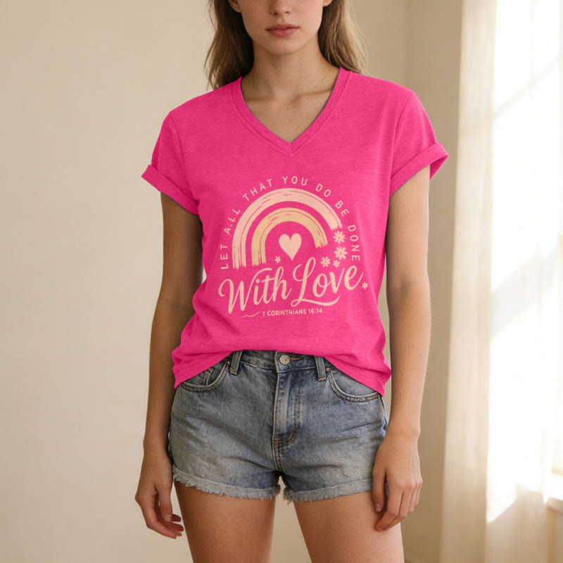Christianartworkshop Bible Verse With Love Rainbow Floral Casual V-neck T-shirt - image 25