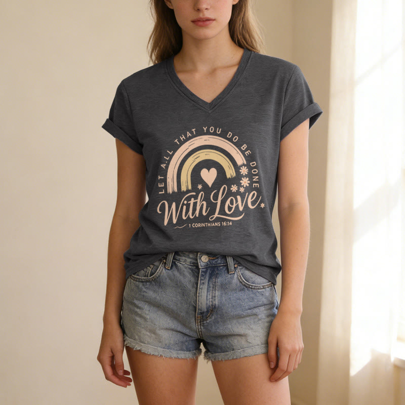 Christianartworkshop Bible Verse With Love Rainbow Floral Casual V-neck T-shirt - image 21