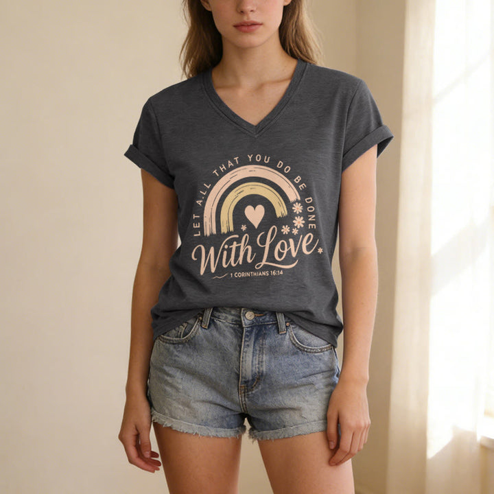 Christianartworkshop Bible Verse With Love Rainbow Floral Casual V-neck T-shirt - image 21