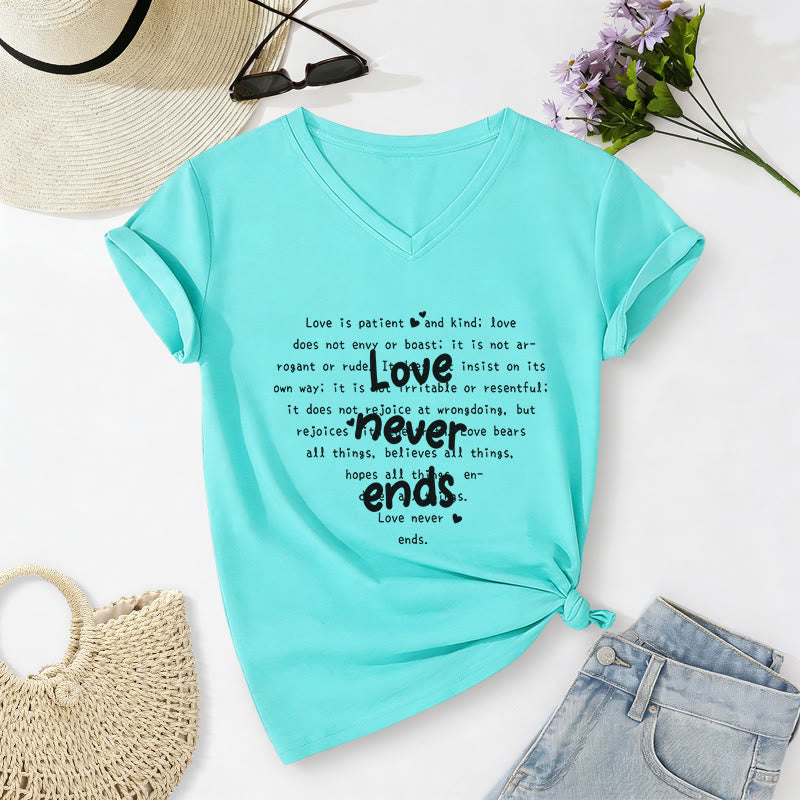 Christianartworkshop Love Never Ends Bible Verse Casual V-neck T-shirt - Sky Blue - 2XL - image 8