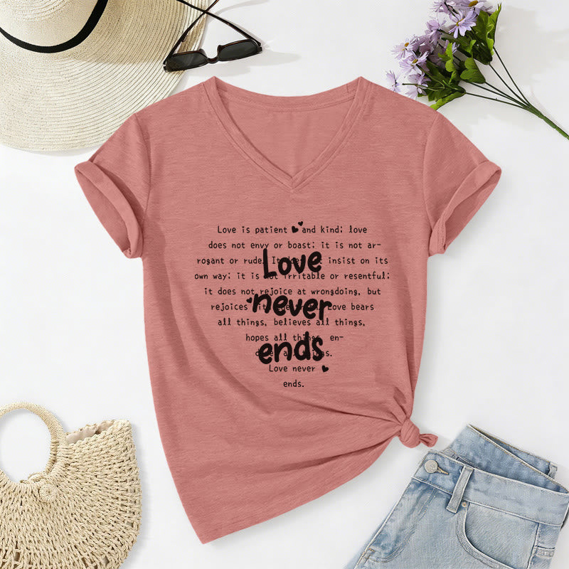 Christianartworkshop Love Never Ends Bible Verse Casual V-neck T-shirt - Light Pink - 2XL - image 10