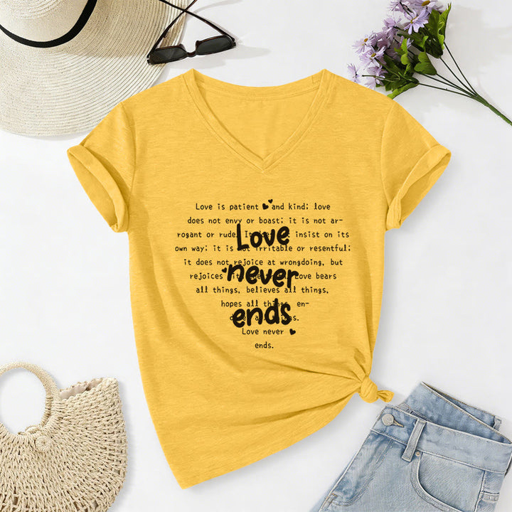 Christianartworkshop Love Never Ends Bible Verse Casual V-neck T-shirt - Yellow - 2XL - image 2