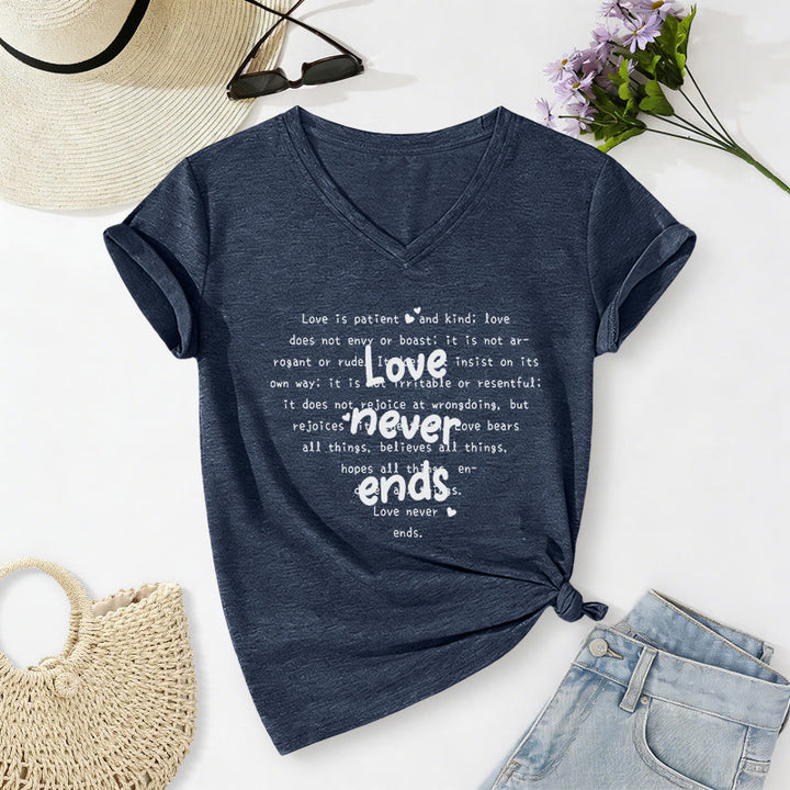 Christianartworkshop Love Never Ends Bible Verse Casual V-neck T-shirt - Navy Blue - 2XL - image 18