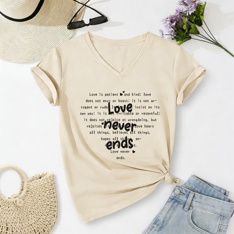 Christianartworkshop Love Never Ends Bible Verse Casual V-neck T-shirt - Beige - 2XL - image 0