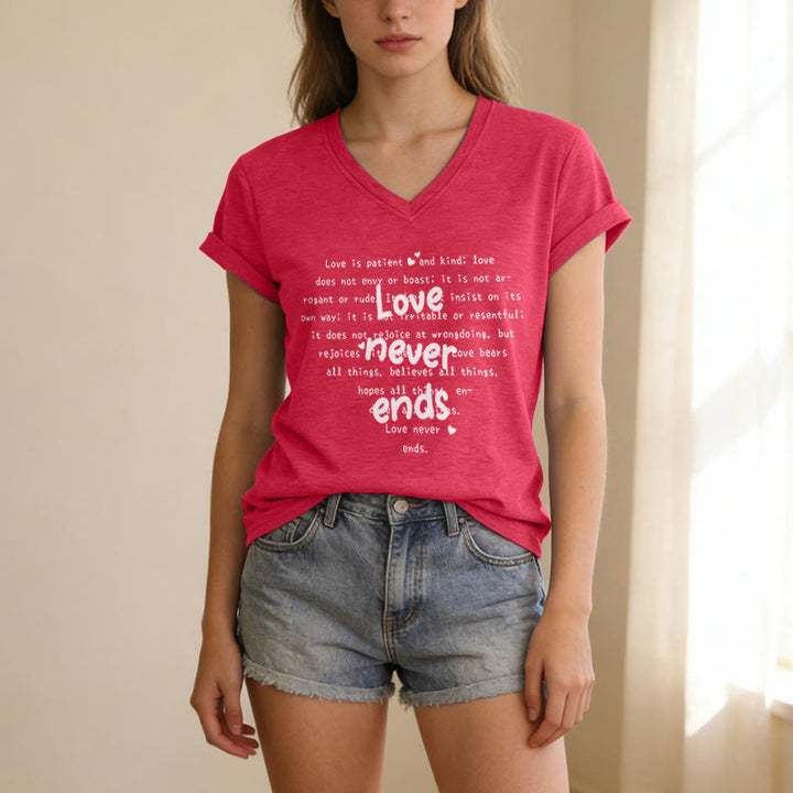 Christianartworkshop Love Never Ends Bible Verse Casual V-neck T-shirt - image 23