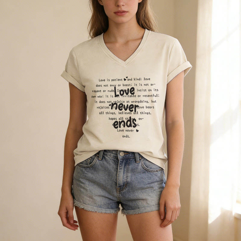 Christianartworkshop Love Never Ends Bible Verse Casual V-neck T-shirt - image 1