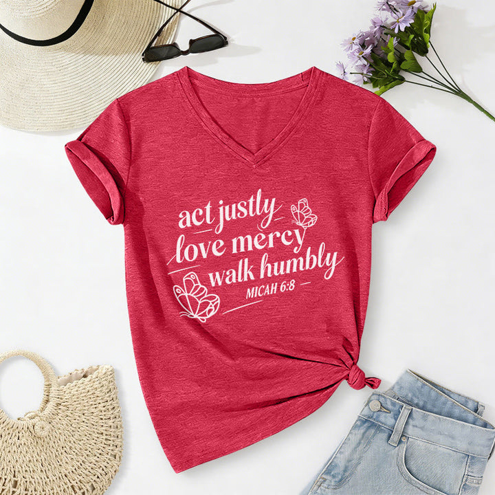 Christianartworkshop Act Justly Love Mercy Walk Humbly Micah 6:8 Butterfly Print Casual V-neck T-shirt - Red - 2XL - image 22