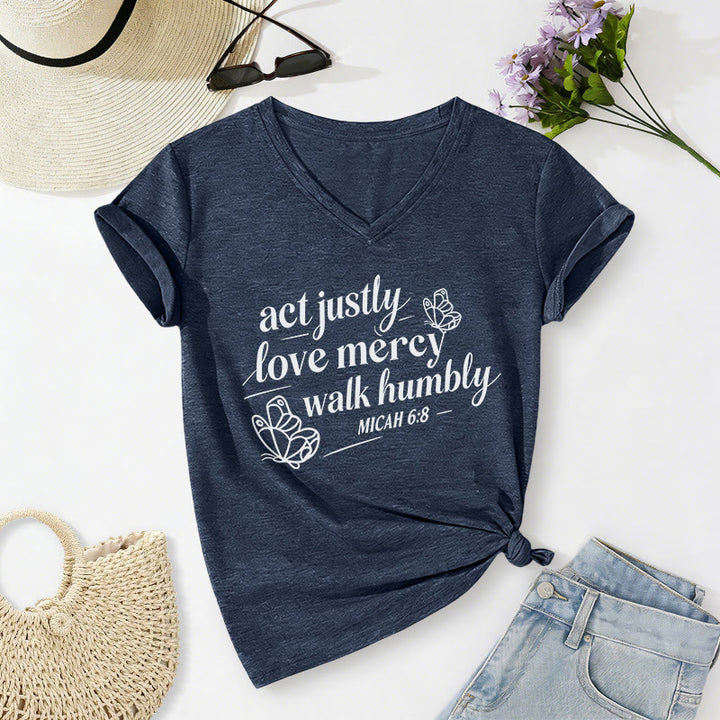Christianartworkshop Act Justly Love Mercy Walk Humbly Micah 6:8 Butterfly Print Casual V-neck T-shirt - Navy Blue - 2XL - image 18