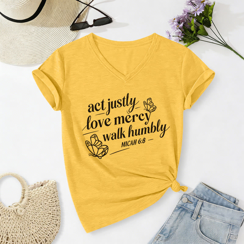 Christianartworkshop Act Justly Love Mercy Walk Humbly Micah 6:8 Butterfly Print Casual V-neck T-shirt - Yellow - 2XL - image 4