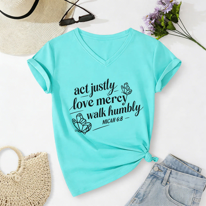 Christianartworkshop Act Justly Love Mercy Walk Humbly Micah 6:8 Butterfly Print Casual V-neck T-shirt - Sky Blue - 2XL - image 0
