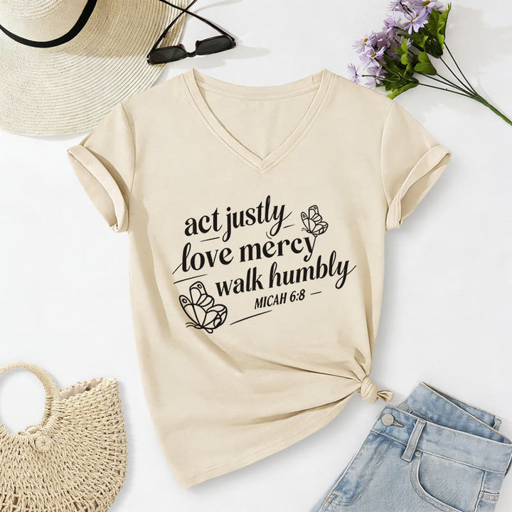 Christianartworkshop Act Justly Love Mercy Walk Humbly Micah 6:8 Butterfly Print Casual V-neck T-shirt - Beige - 2XL - image 2