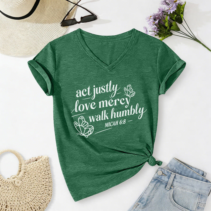Christianartworkshop Act Justly Love Mercy Walk Humbly Micah 6:8 Butterfly Print Casual V-neck T-shirt - Dark Green - 2XL - image 14