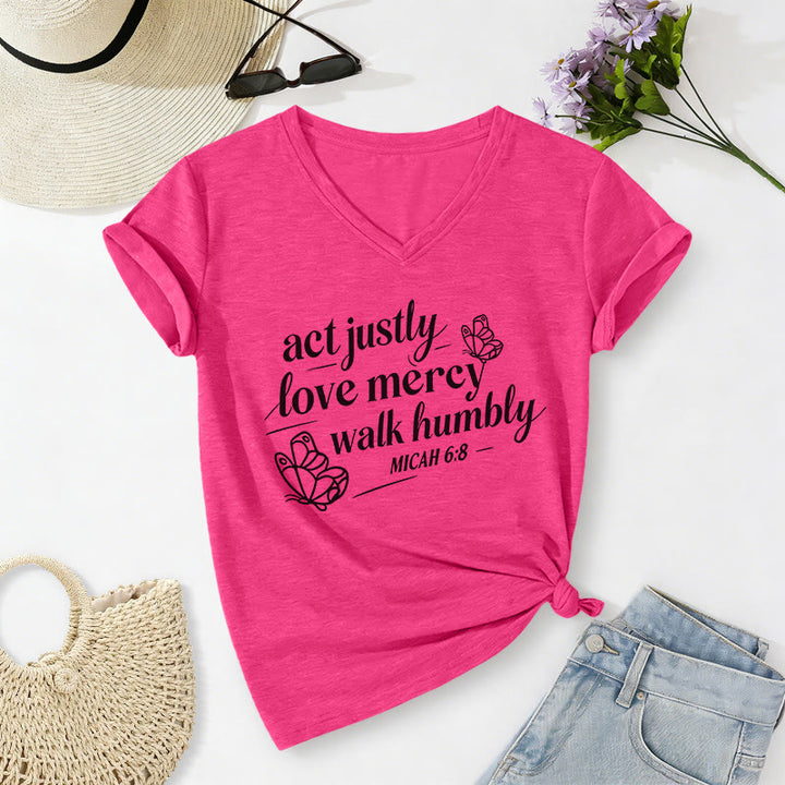 Christianartworkshop Act Justly Love Mercy Walk Humbly Micah 6:8 Butterfly Print Casual V-neck T-shirt - Rose - 2XL - image 24