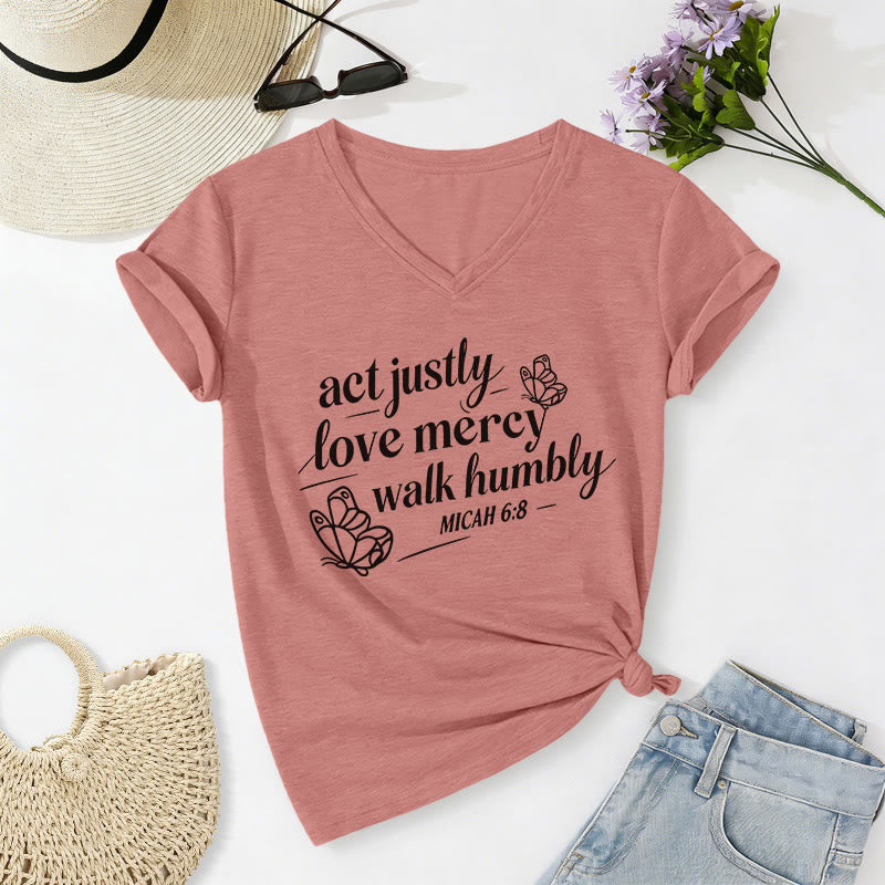 Christianartworkshop Act Justly Love Mercy Walk Humbly Micah 6:8 Butterfly Print Casual V-neck T-shirt - Light Pink - 2XL - image 10